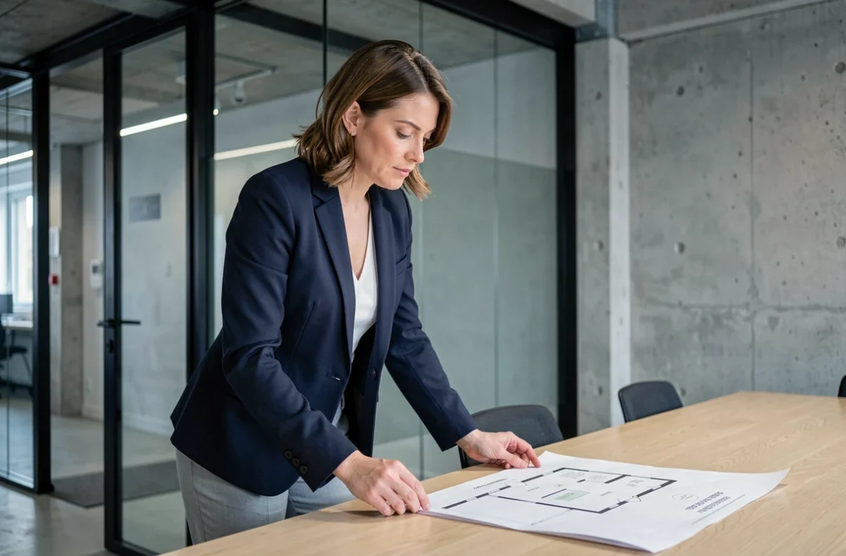 Femme professionnelle examinant un plan de bureau dans une salle de réunion vitrée lors d'une visite de location à Clermont-Ferrand