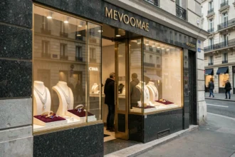 Vitrine d'une boutique de joaillerie de luxe du groupe Richemont sur une avenue parisienne, avec colliers en diamants et bracelets en or exposés sur velours