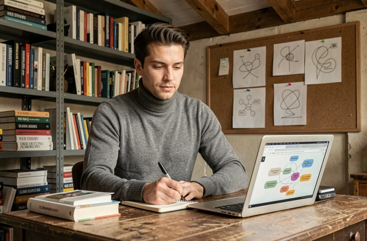 Stratège SEO de Web Theorie dans un studio créatif entouré de livres de référencement et prenant des notes de stratégie